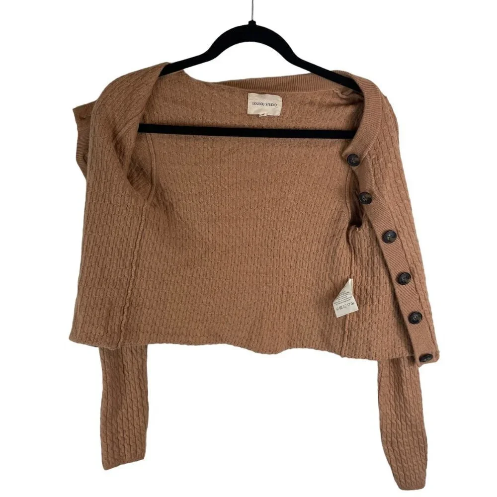 Loulou Studio Mati Wool Cashmere Cable-Knit Button Front Cardigan Beige Size S